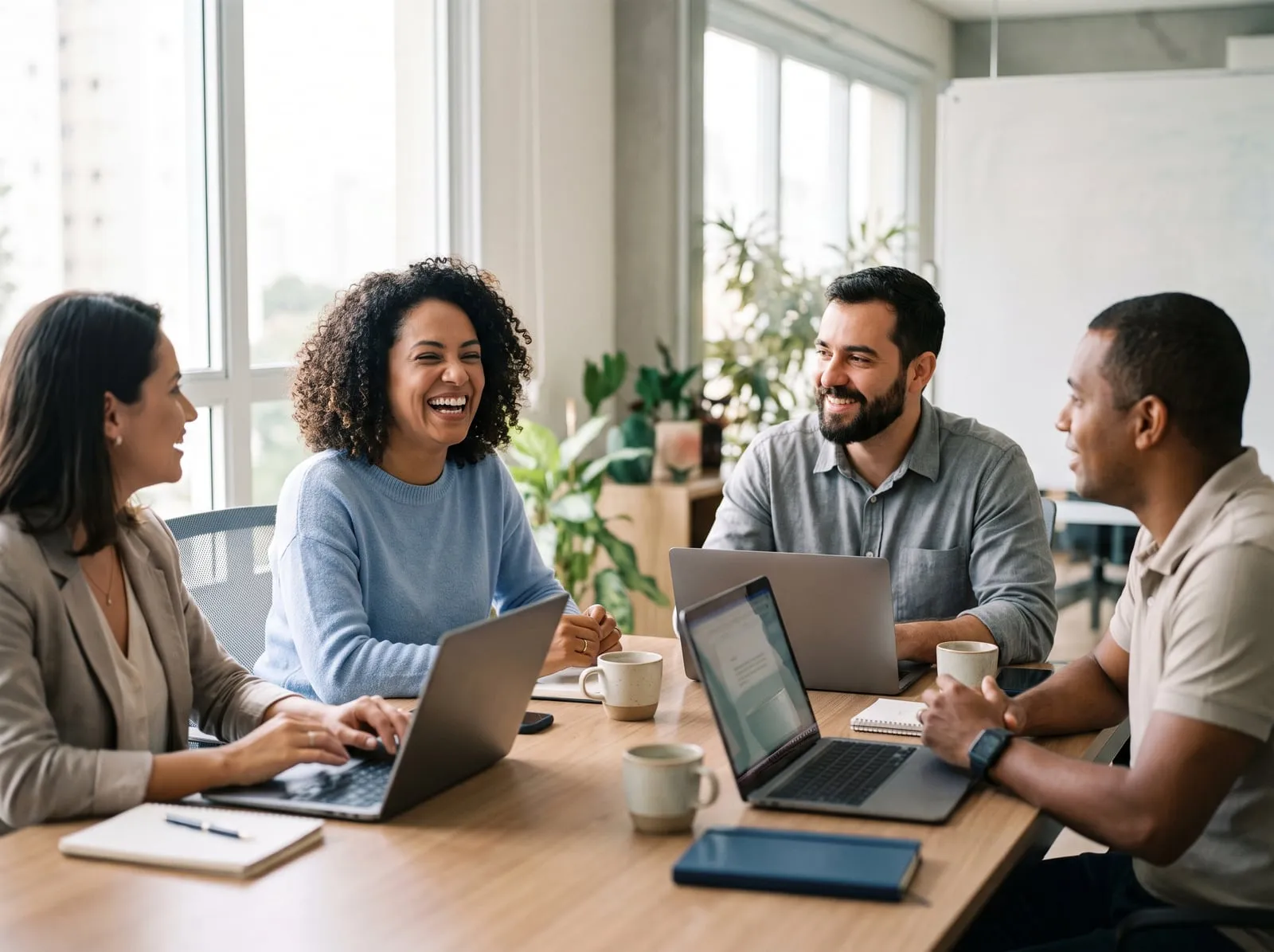 Equipe de uma empresa conversando em uma sala de reunião