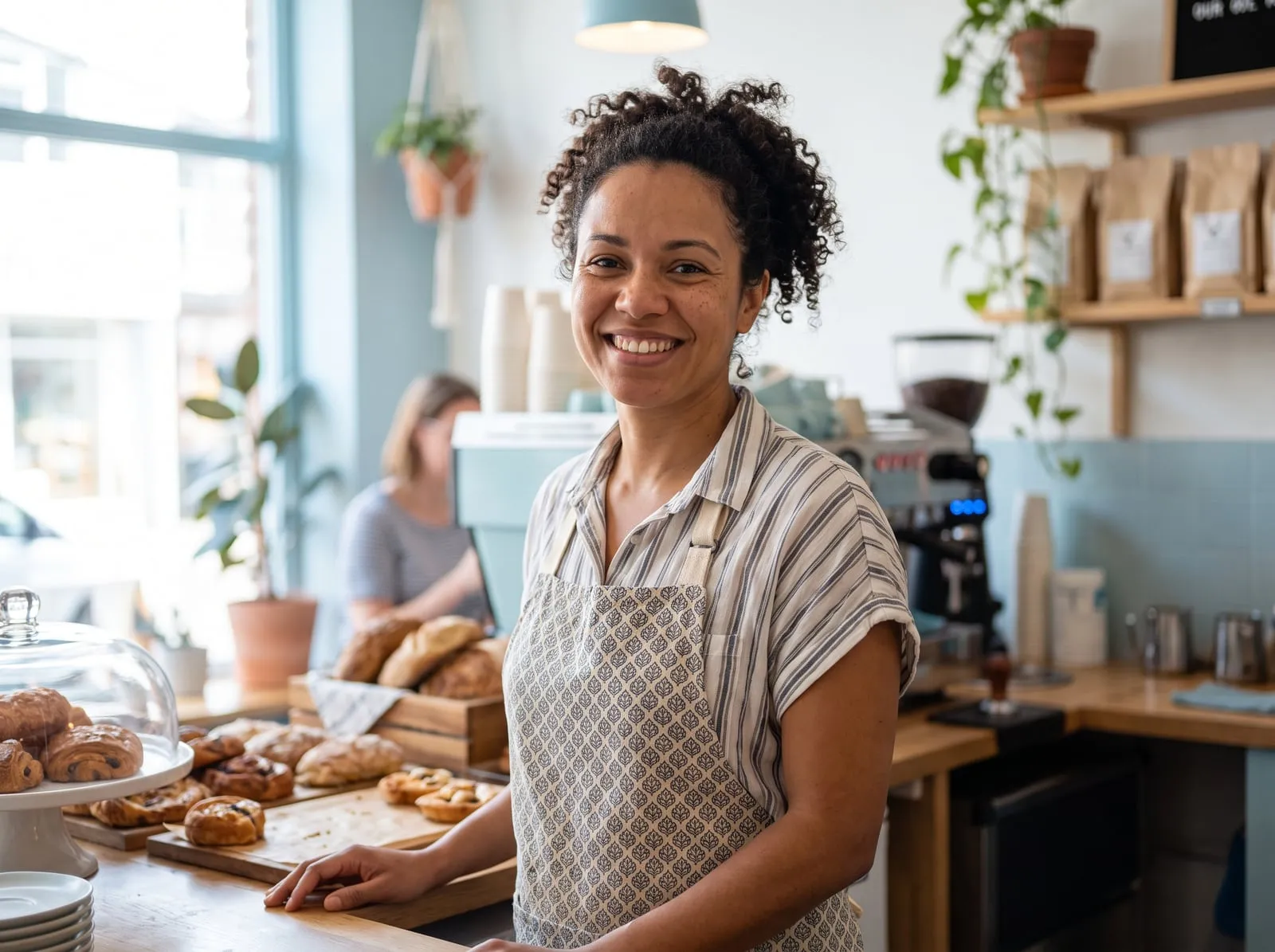 Empreendedora sorrindo no balcão da própria padaria