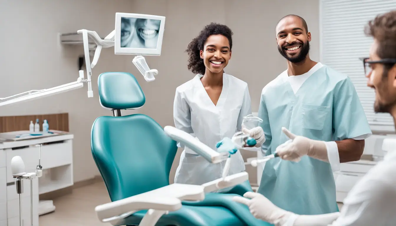 Família feliz mostrando dentes saudáveis em um consultório odontológico, simbolizando os benefícios do plano odontológico Hapvida.