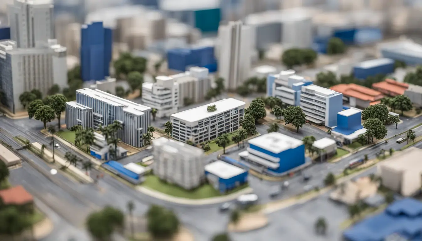 Maquete detalhada de Campo Grande, MS, com destaque para o prédio da Hapvida e pessoas, simbolizando a produtividade empresarial e saúde.
